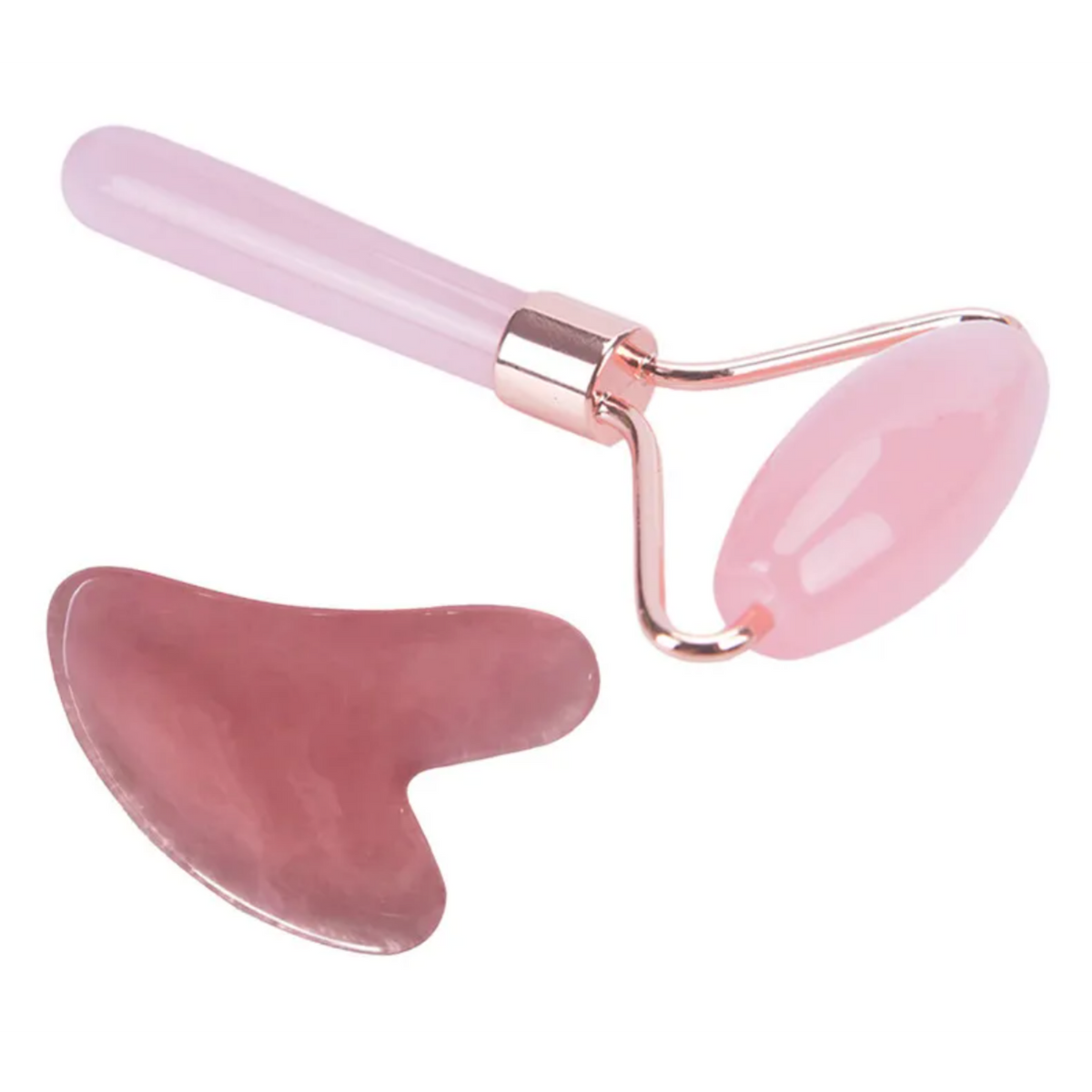 Set de Gua Sha y Rodillo de Cuarzo Rosa